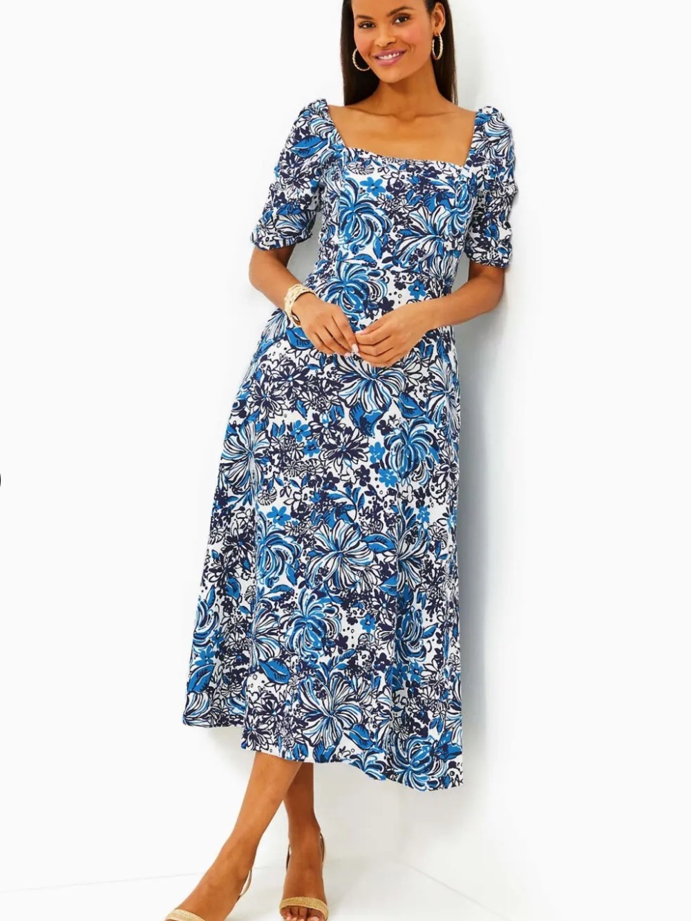 Lilly Pulitzer Mylie Linen Midi Dress Low Tide Navy Pandarama Floral Square Neck